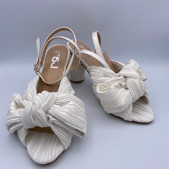 FSJ Shoes - FSJ White Satin Bow Ankle Strap Chunky Heel Sandal